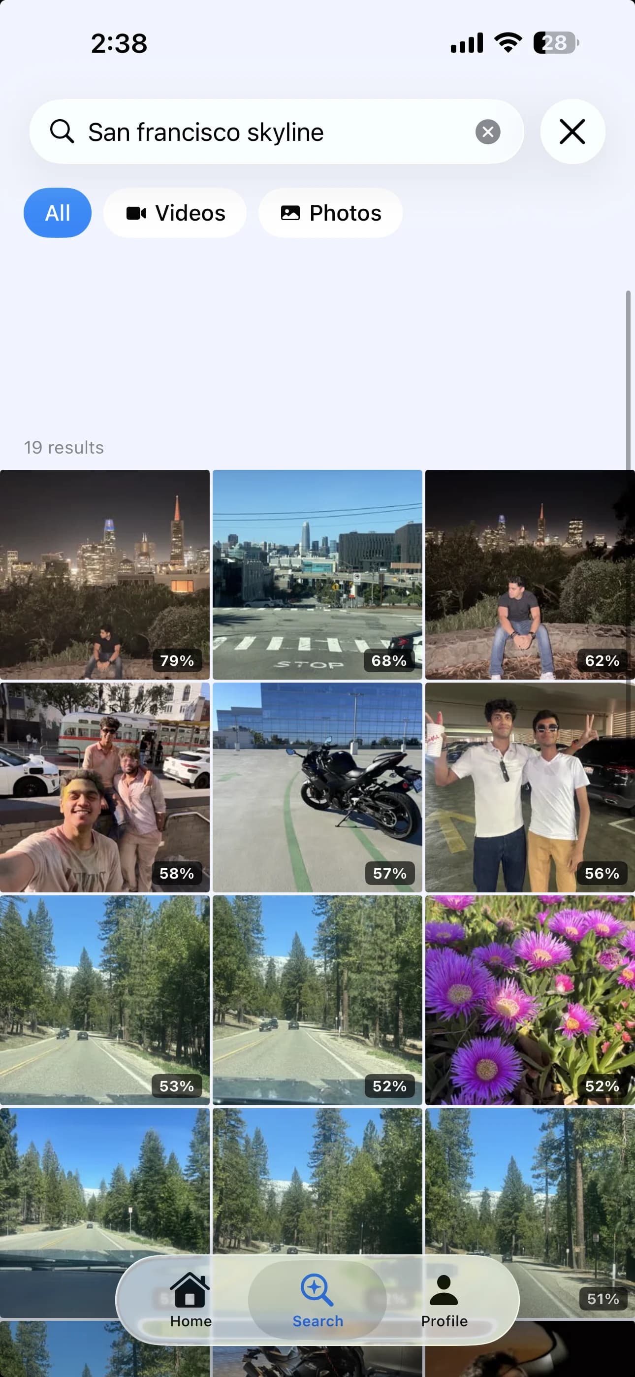 Framea AI video search results for the natural language query 'San Francisco skyline' with confidence scores