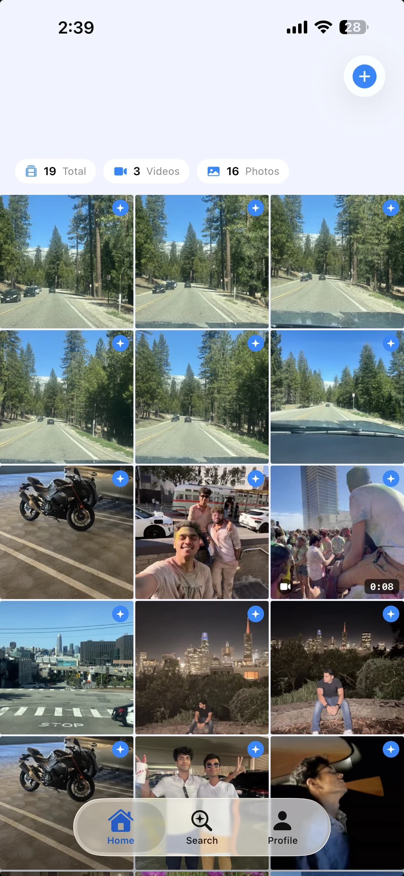 Framea iPhone app showing an AI-searchable photo and video library