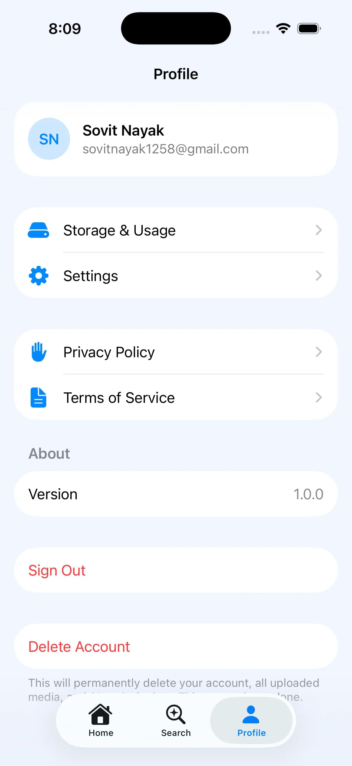 Framea iPhone profile screen with storage usage and privacy settings
