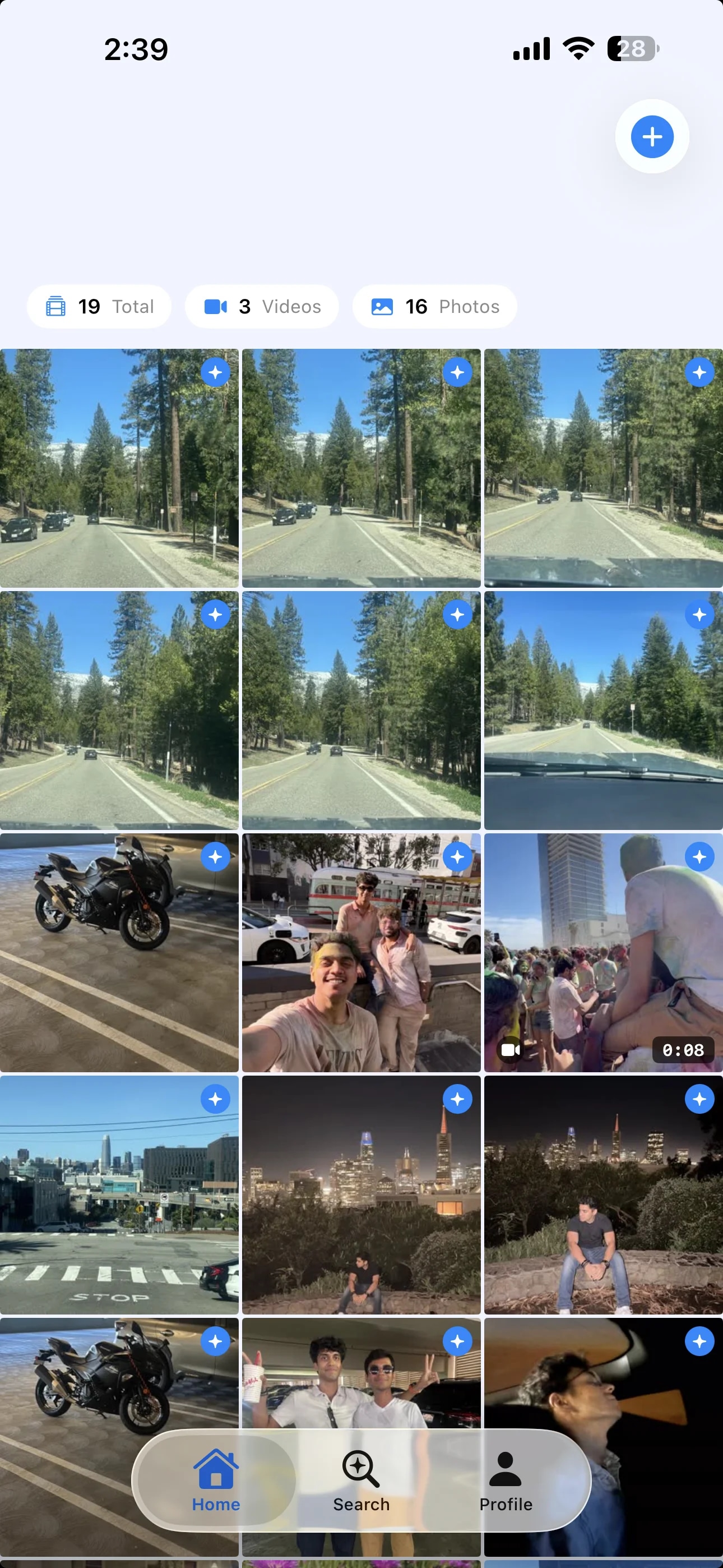 Framea iPhone app showing an AI-searchable photo and video library